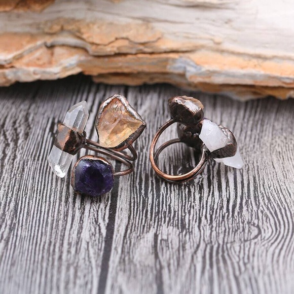 New Triple Crystal Gemstone Ring ~ Natural Amethyst Citrine Clear Quartz Copper - Picture 2 of 16